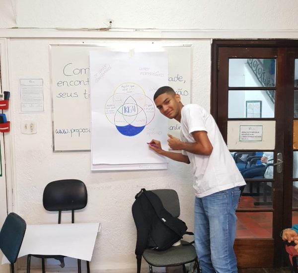 Entrepreneurship Course student Caio stood in front of the whiteboard showing his Ikigai poster