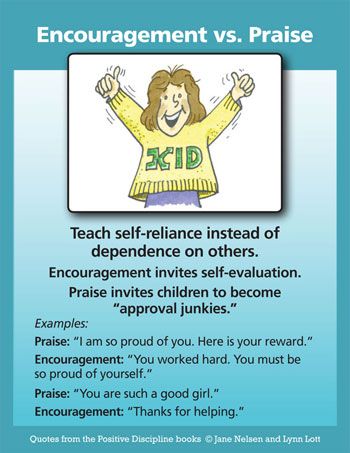 Encouragement vs. Praise poster saying to teach self-reliance instead of dependence on others among other things